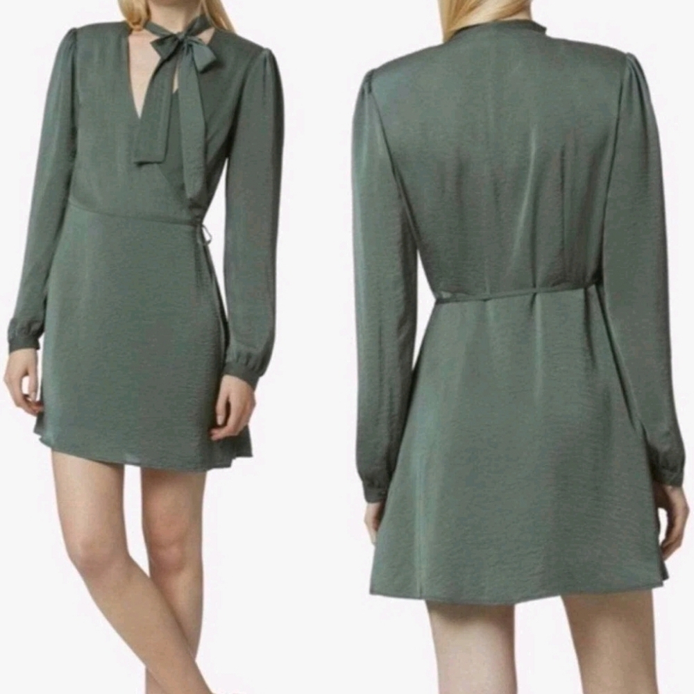 Avec Les Filles Sage Green Wrap Mini Dress Medium Long Sleeve Tie Neck Boho Chic